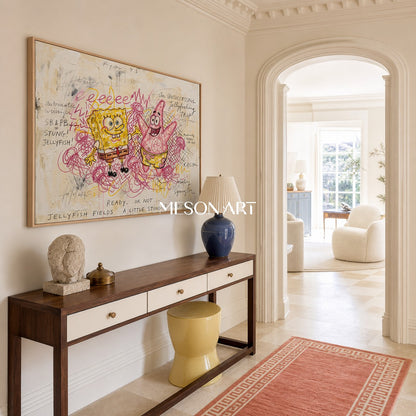 Yellow And Pink Pop Art Graffiti Painting Rectangular Wall Decor For Living Room By Mesonart
