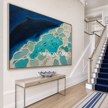 Deep Blue Shark Migration Art With Textured Relief For Modern Living Spaces