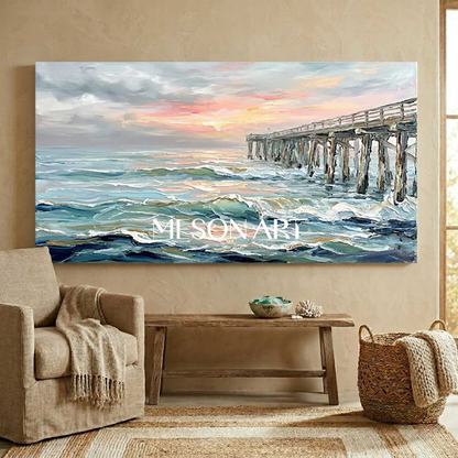 Luxury Impressionist Seascape Painting With Wooden Pier For Coastal Living Room Decor