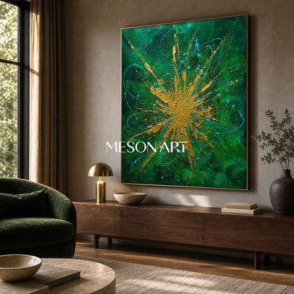 Emerald Green And Gold Abstract Painting With Textured Relief For Modern Living Room Decor
