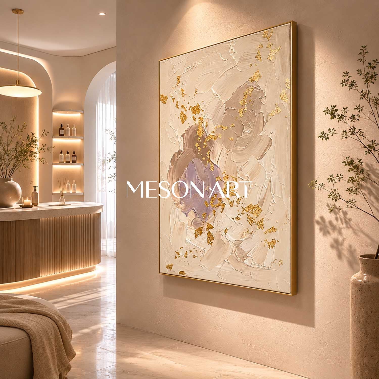 Luxury Gold Leaf Abstract Painting With Textured Impasto For Modern Home Decor