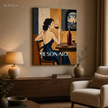 Blue And Brown Figurative Painting Original Contemporary Art Wine Tasting Scene Rectangular Wall Decor For Dining Room By Mesonart