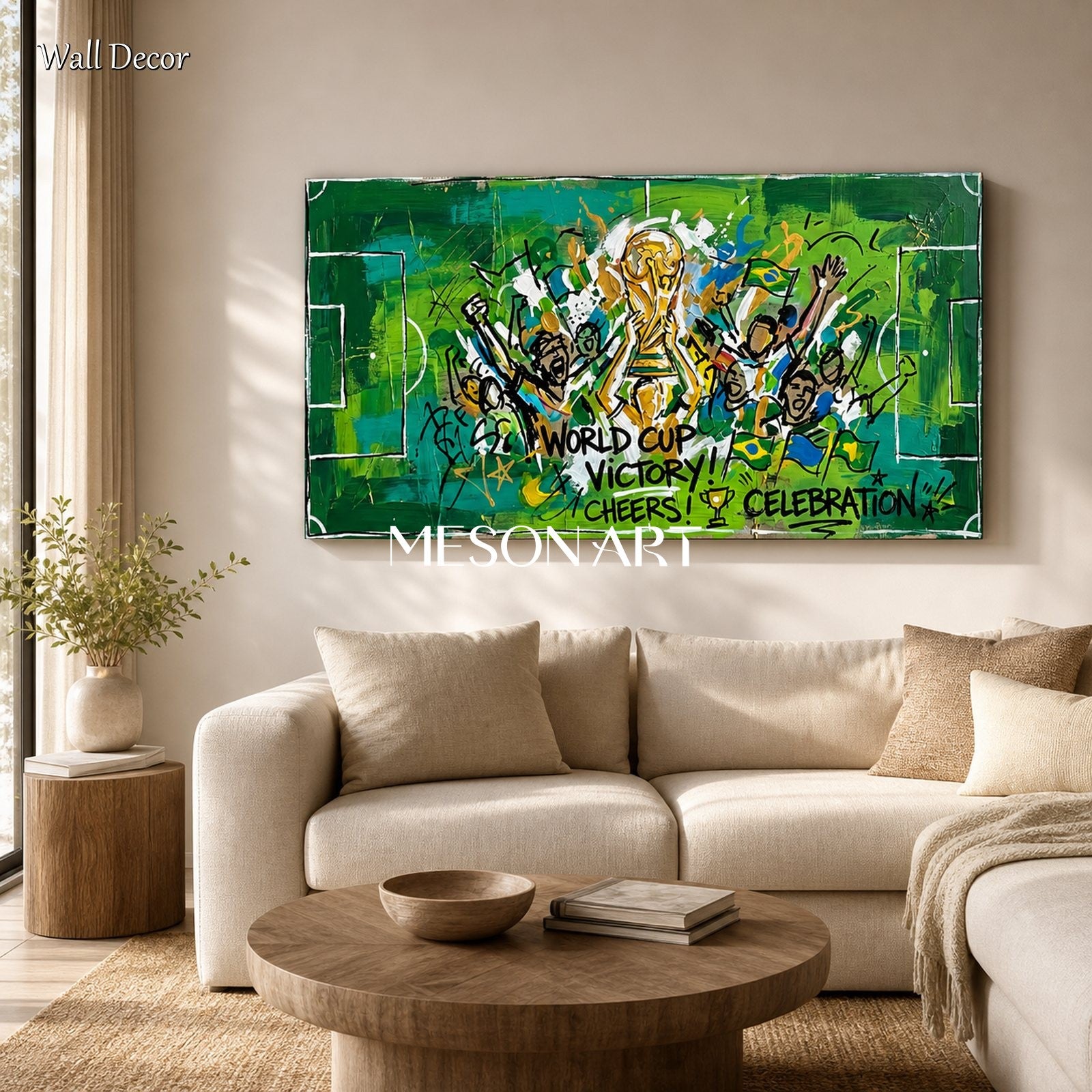 Large World Cup Graffiti Painting Green Gold Sports Art For Living Room Entryway