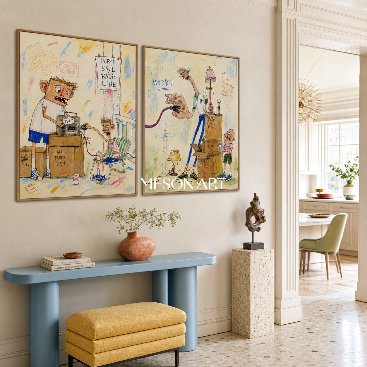 Beige And Blue Graffiti Figurative Cartoon Rectangular Wall Art Original Artist Hand Painted For Living Room By Mesonart