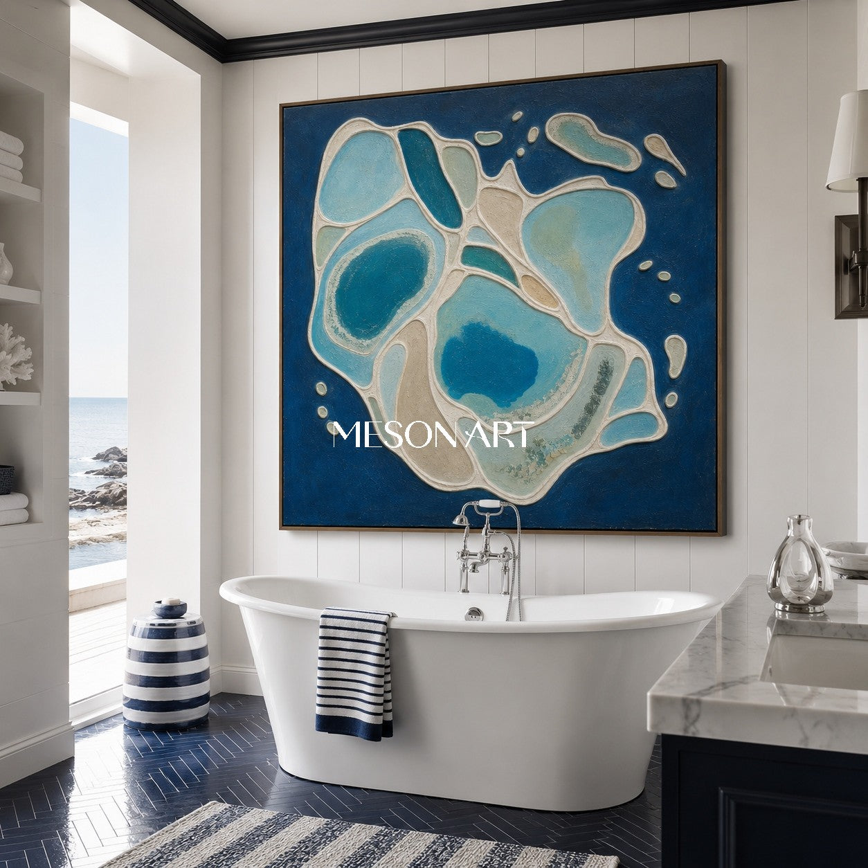 Azure Lagoon Abstract Art With Textured Plaster Relief For Coastal Home Decor