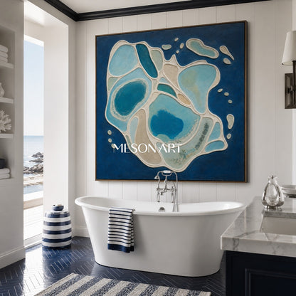 Azure Lagoon Abstract Art With Textured Plaster Relief For Coastal Home Decor