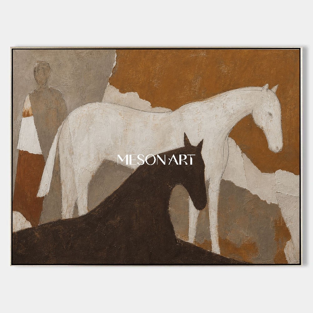 Wabi Sabi Textured Horse Painting With Earthy Tones For Modern Living Room Decor