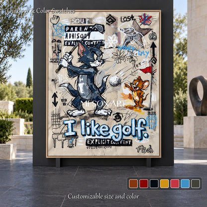 Beige And Black Gaming Art Rectangular Canvas Wall Decor Original Artist Hand Painted Tom And Jerry By Mesonart