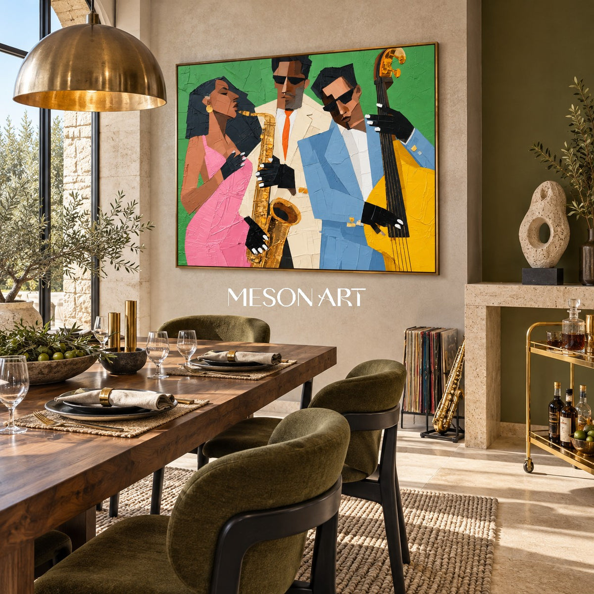 Green And Pink Pop Art Jazz Painting Modern Figurative Geometric Textured Musical Rectangular Wall Art By Mesonart
