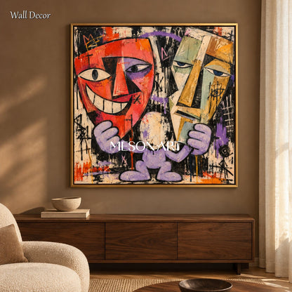 Red And Purple Abstract Pop Art Square Painting Original Artist Hand Painted Wall Decor For Living Room By Mesonart