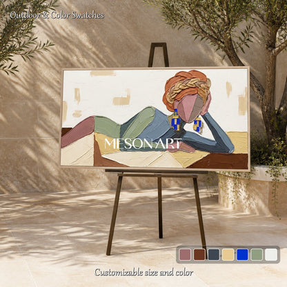 Beige And Blue Abstract Portrait Painting Panoramic Modern Figurative Art Original Artist Hand Painted By Mesonart