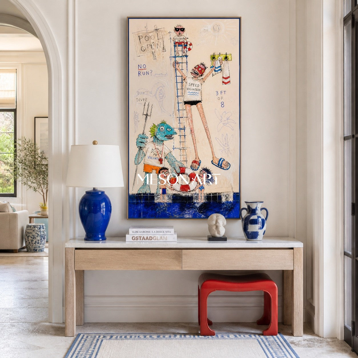 Blue And Orange Graffiti Cartoon Swimming Pool Art Panoramic Lifeguard Painting By Mesonart