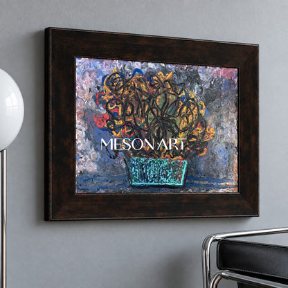 Blue And Gold Abstract Painting Original Artist Hand Painted Expressionist Artwork Rectangular Wall Decor For Living Room By Mesonart