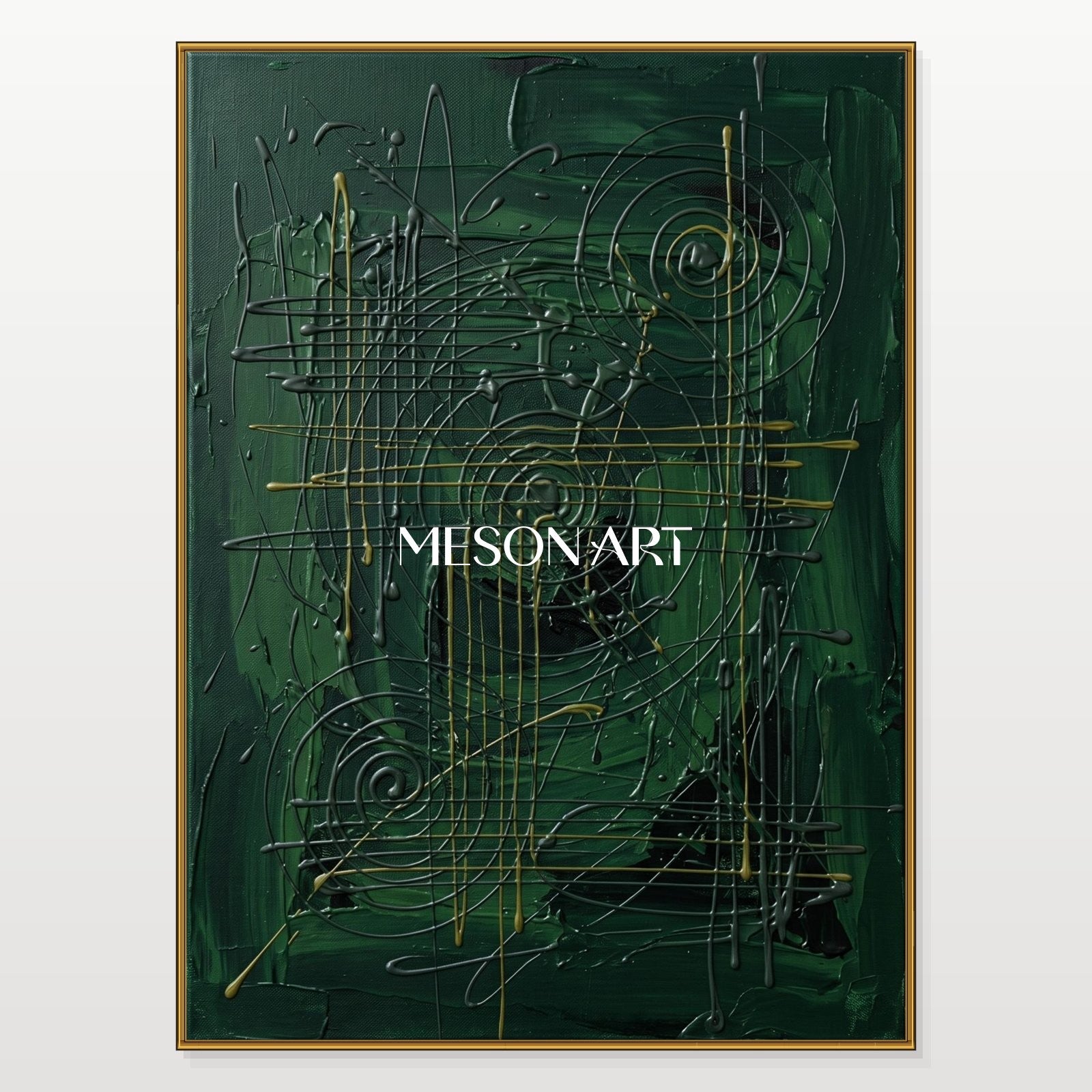 Green And Gold Jackson Pollock Inspired Gestural Abstract Painting Rectangular Wall Art For Living Room By Mesonart