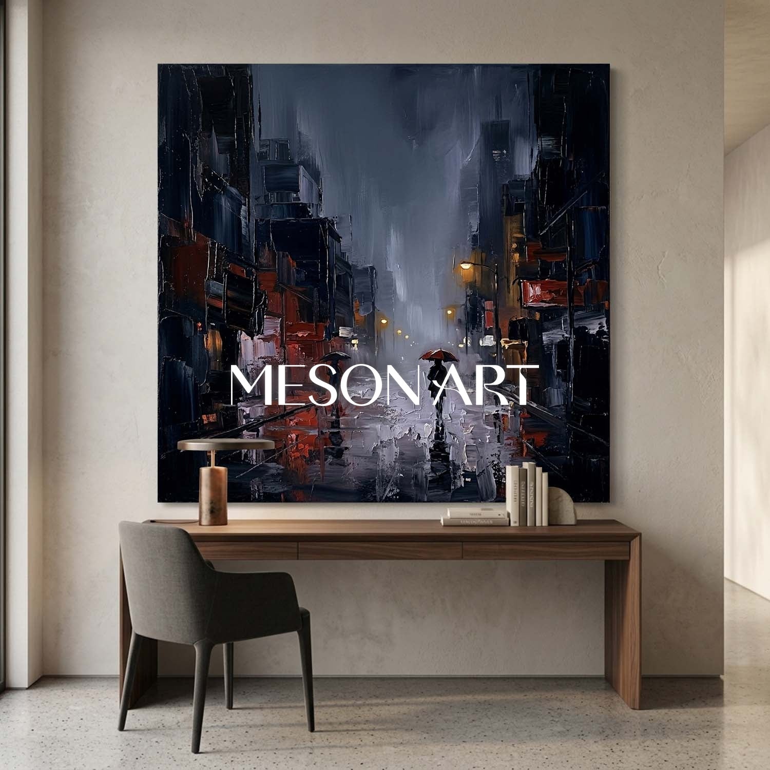 Abstract City Rain Painting With Plaster Texture For Modern Living Room And Office Decor