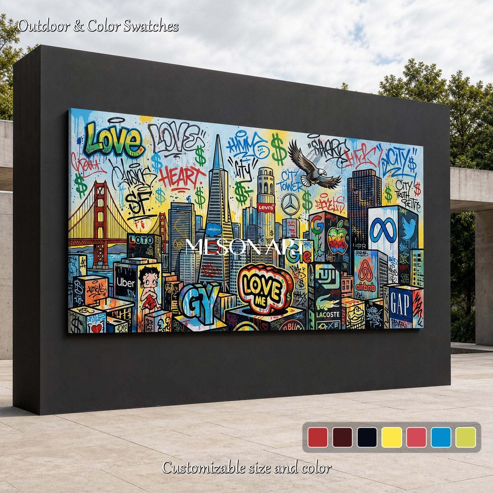 Blue And Yellow Graffiti Painting Panoramic Wall Art Original Banksy Style For Living Room By Mesonart