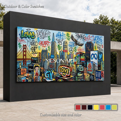 Blue And Yellow Graffiti Painting Panoramic Wall Art Original Banksy Style For Living Room By Mesonart