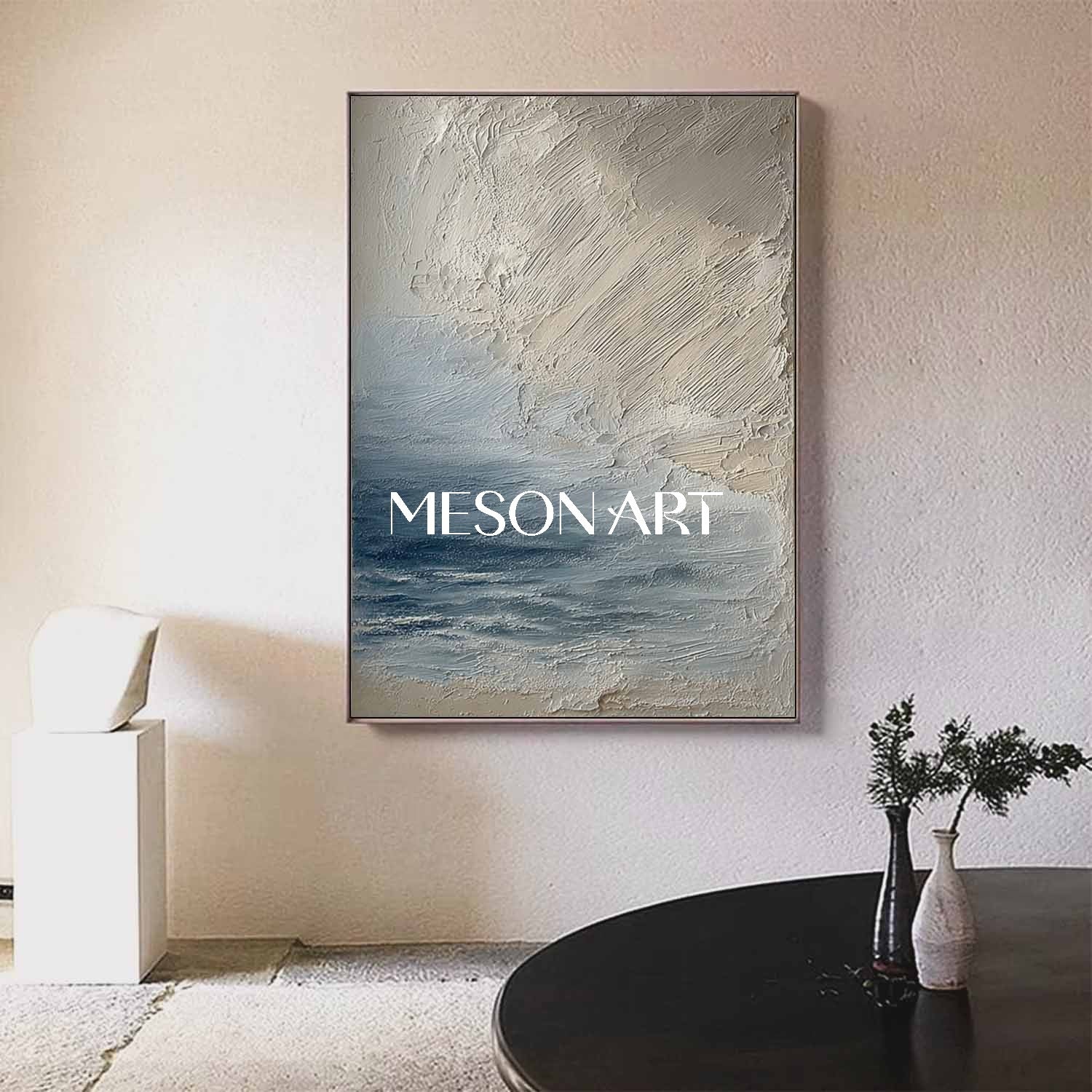 Large 3D Blue And Beige Abstract Canvas Art Abstract Sea Texture Paintings Sea Wall Art Decor