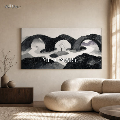 Art Deco Black And White Abstract Landscape Painting With Textured Relief For Living Room And Office