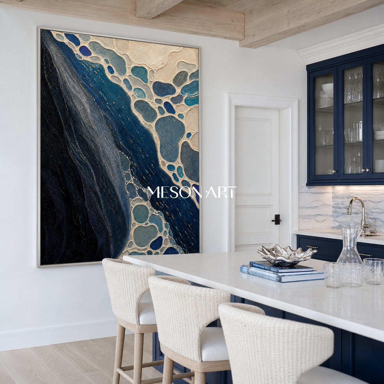 Deep Ocean Abstract Painting With Sculptural Texture For Modern Living Room Decor