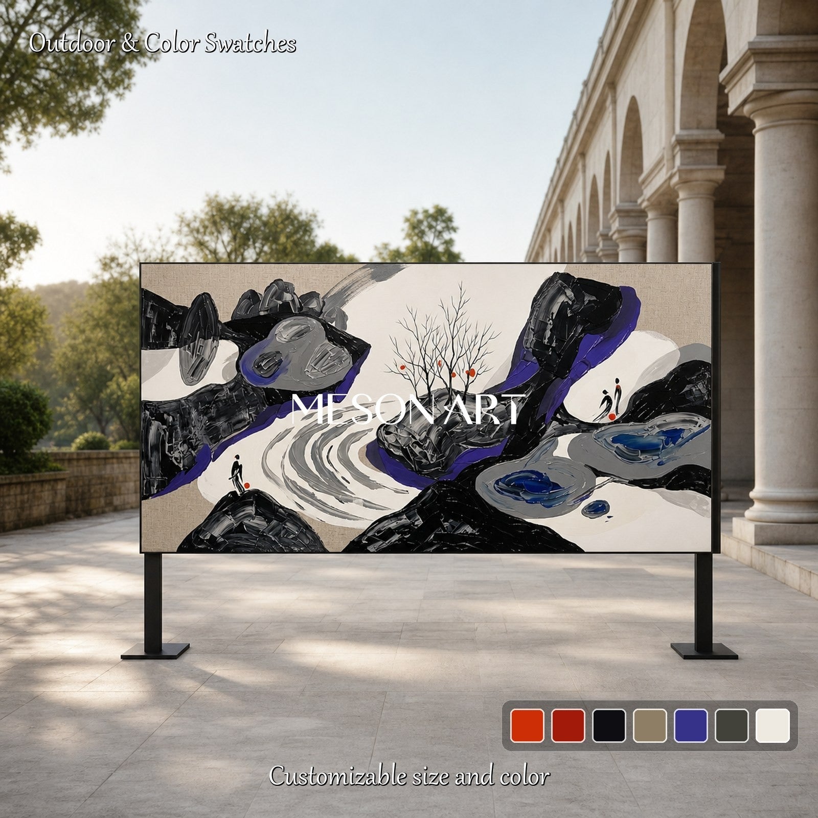 Large Black And White Textured Landscape Painting With Palette Knife Technique For Modern Home