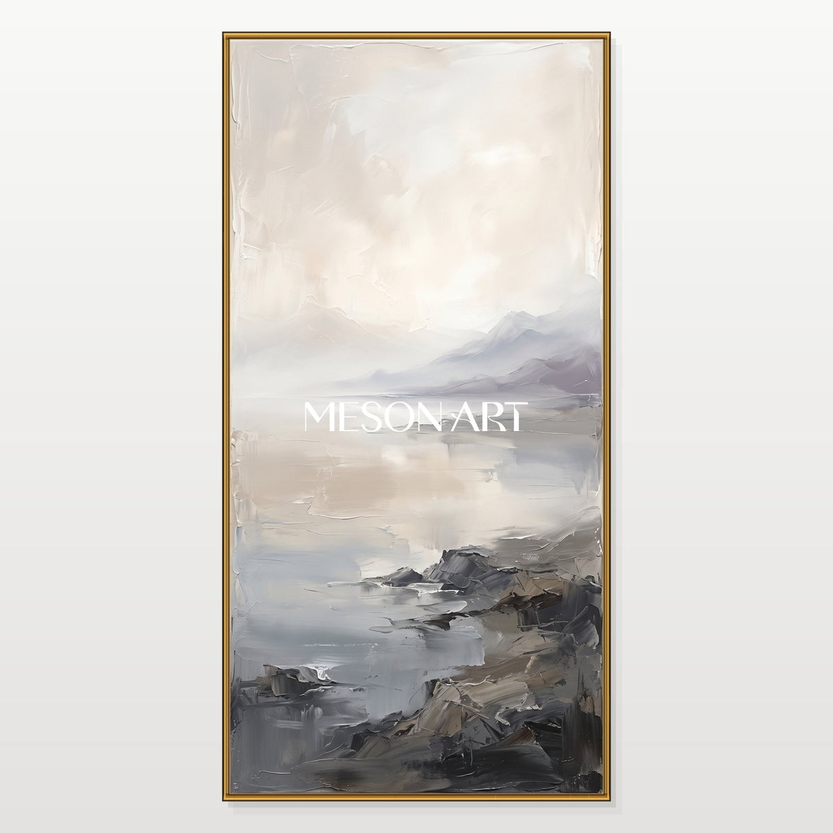Gray And White Neutral Panoramic Art Painting For Wall By Artist Original Framed Large Artwork By Mesonart