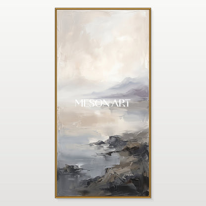 Gray And White Neutral Panoramic Art Painting For Wall By Artist Original Framed Large Artwork By Mesonart