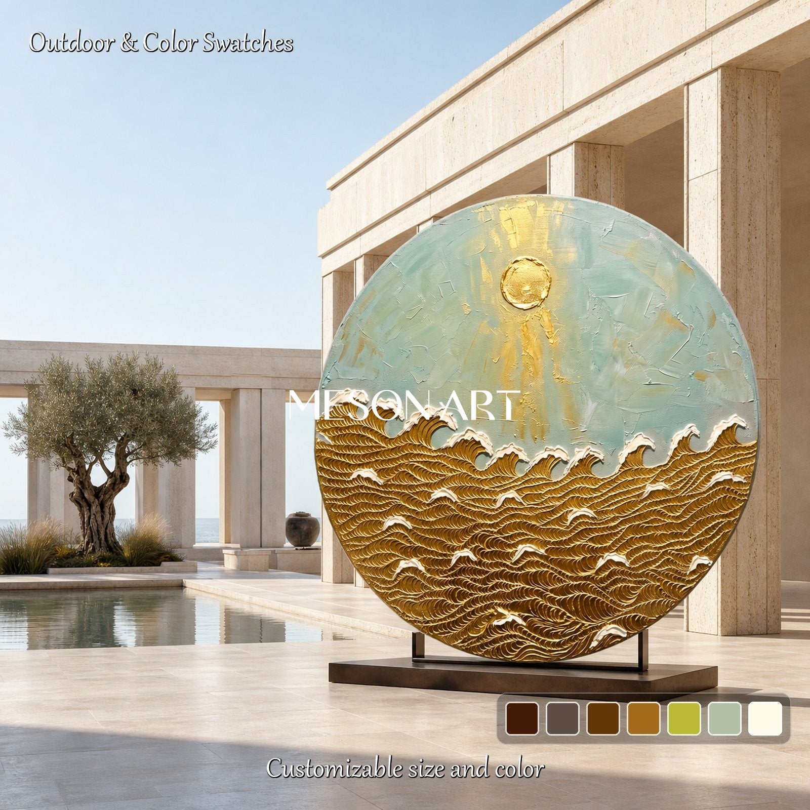 Golden Wave Painting Circular Art Deco Ocean Wall Art For Living Room Entryway