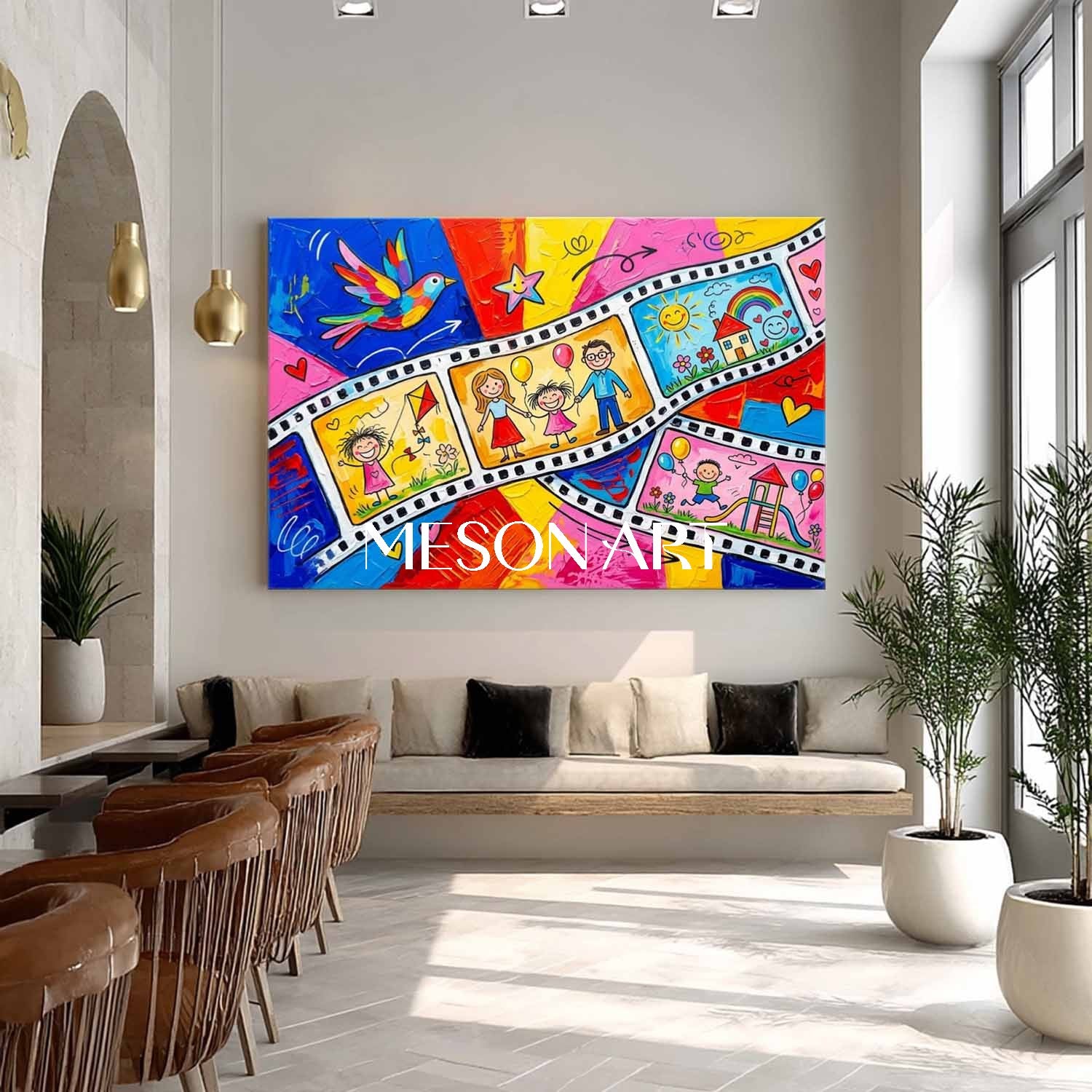 Vibrant Pop Art Painting For Kids Room With Happy Family Cartoon Characters And Colorful Film Strip Design