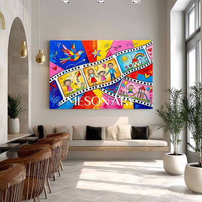 Vibrant Pop Art Painting For Kids Room With Happy Family Cartoon Characters And Colorful Film Strip Design