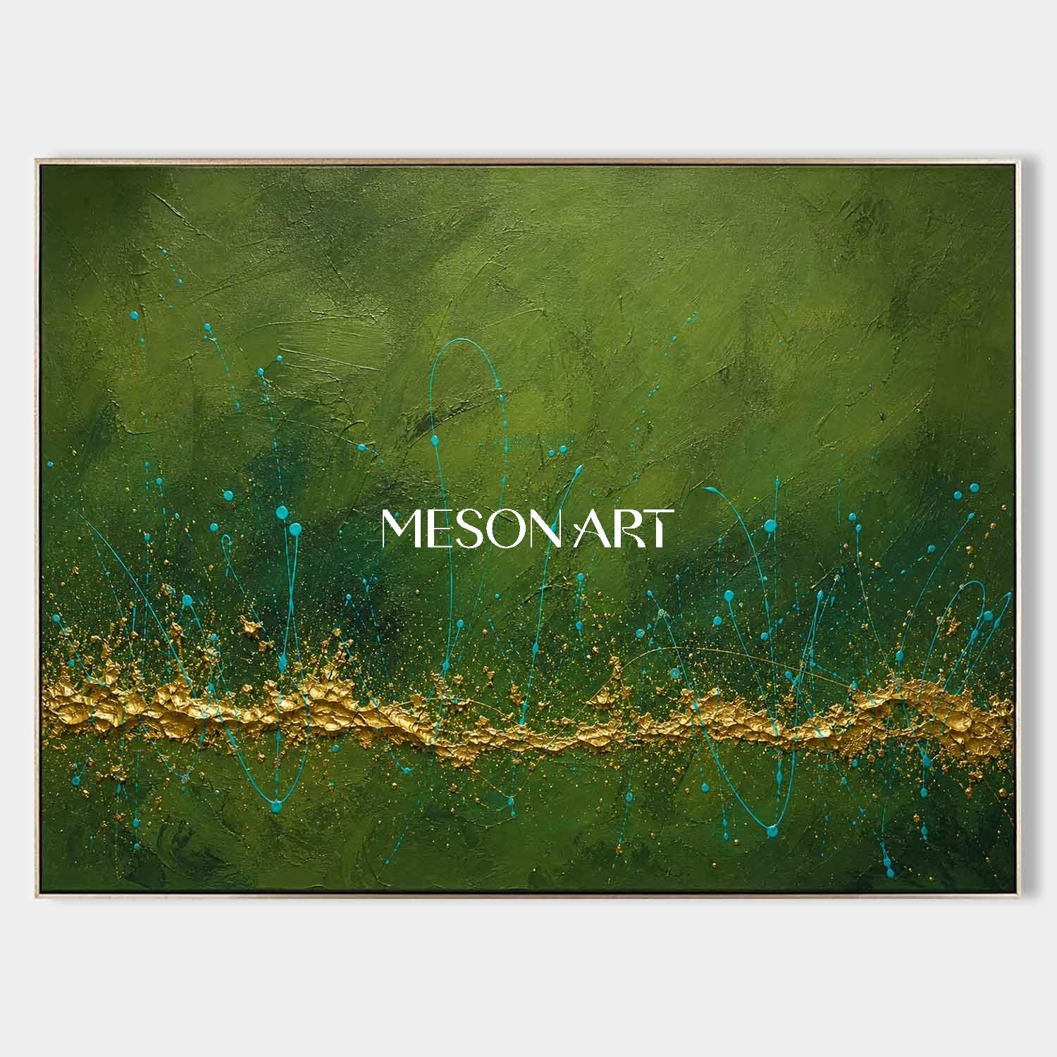 Green And Gold Abstract Painting With Textured Relief For Modern Living Room Decor