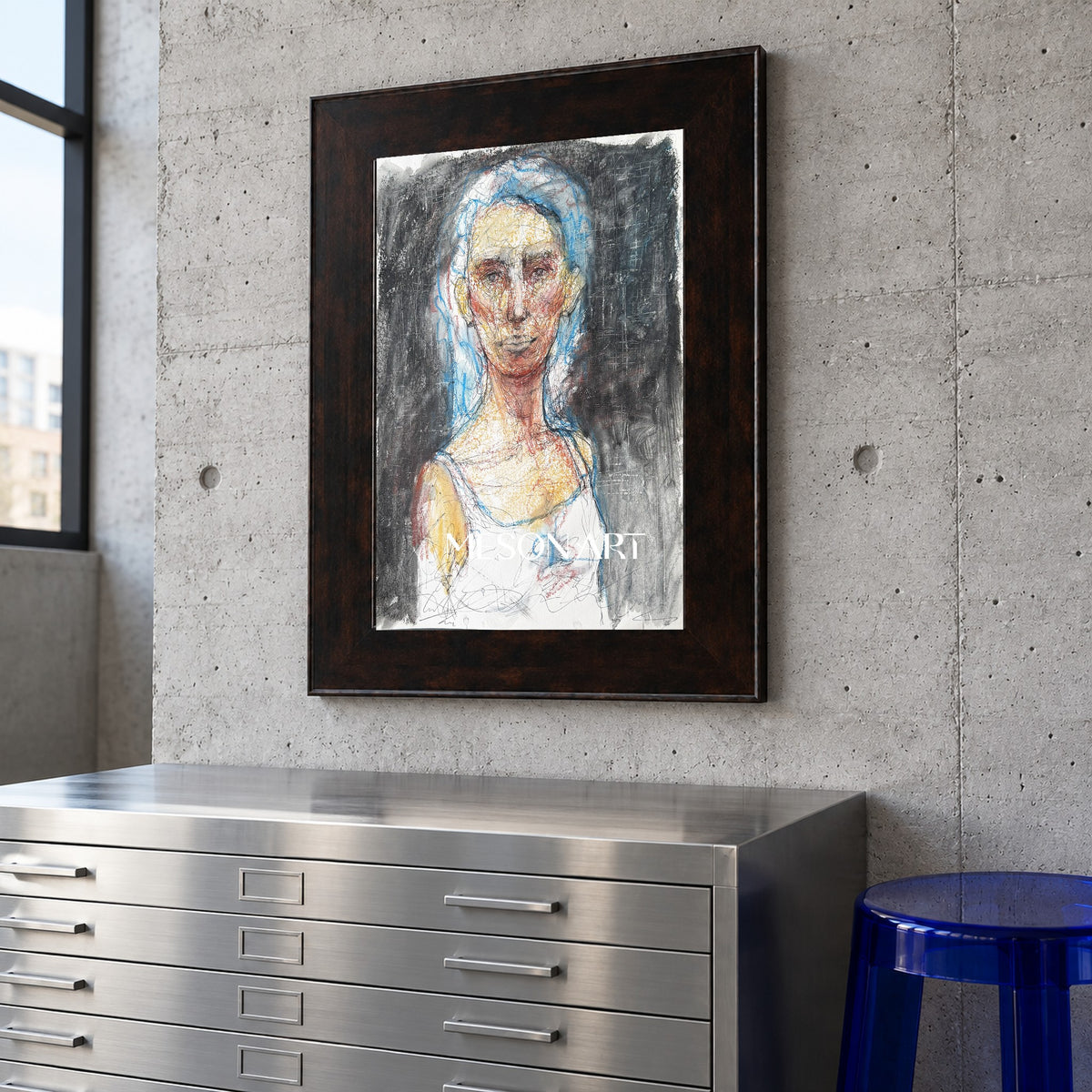 Black And White Figurative Expressionist Portrait Painting Rectangular Wall Art For Living Room By Mesonart