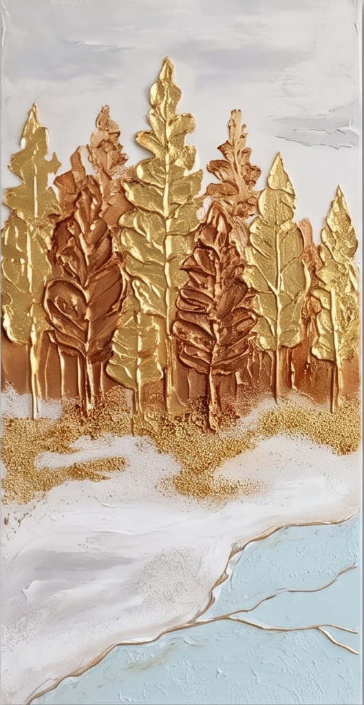 Large Gold Blue Lake Forest Triptych Art Deco Painting With Metallic Accents For Living Room