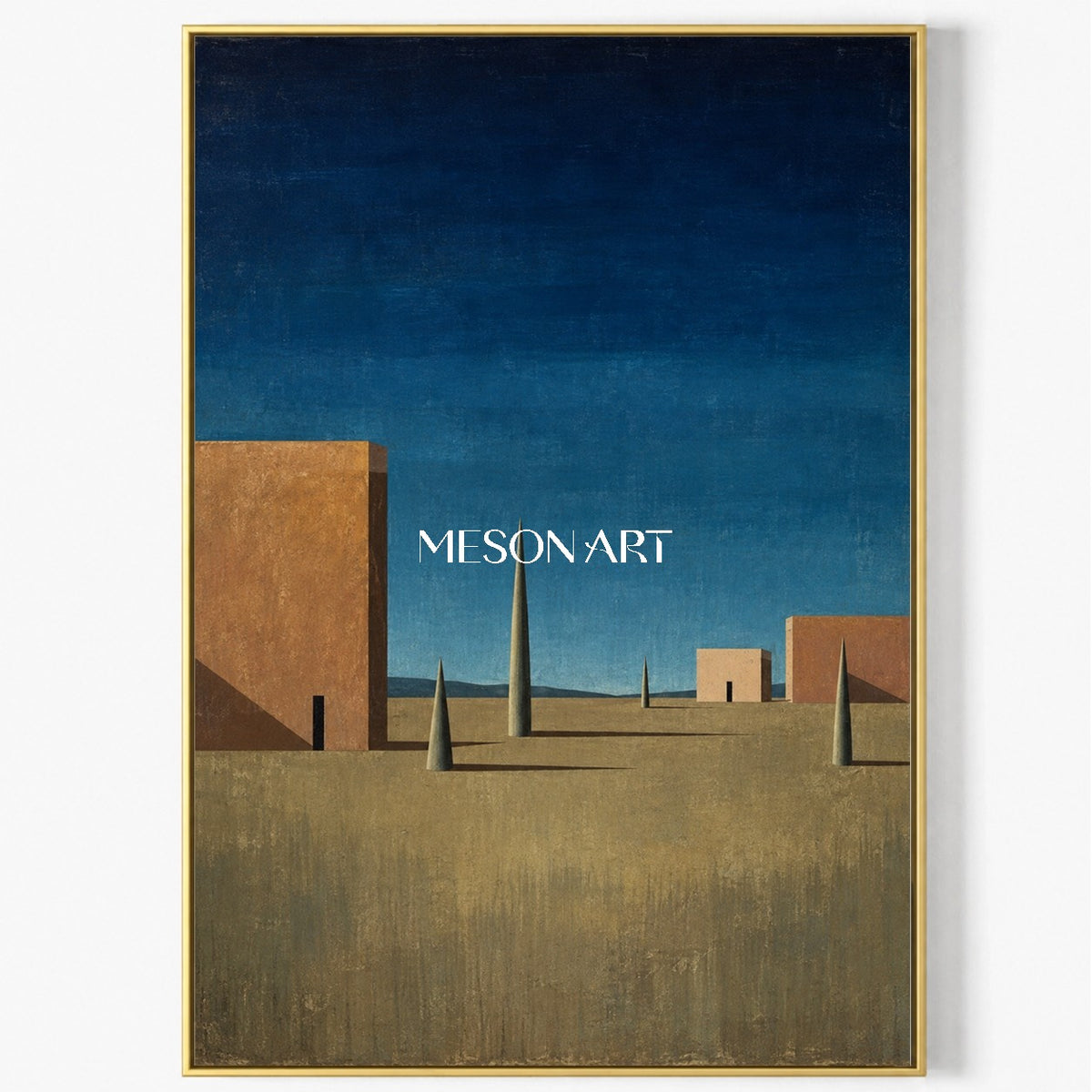 Blue Brown Surrealist Metaphysical Architectural Geometric Nostalgic Rectangular Wall Art By Mesonart