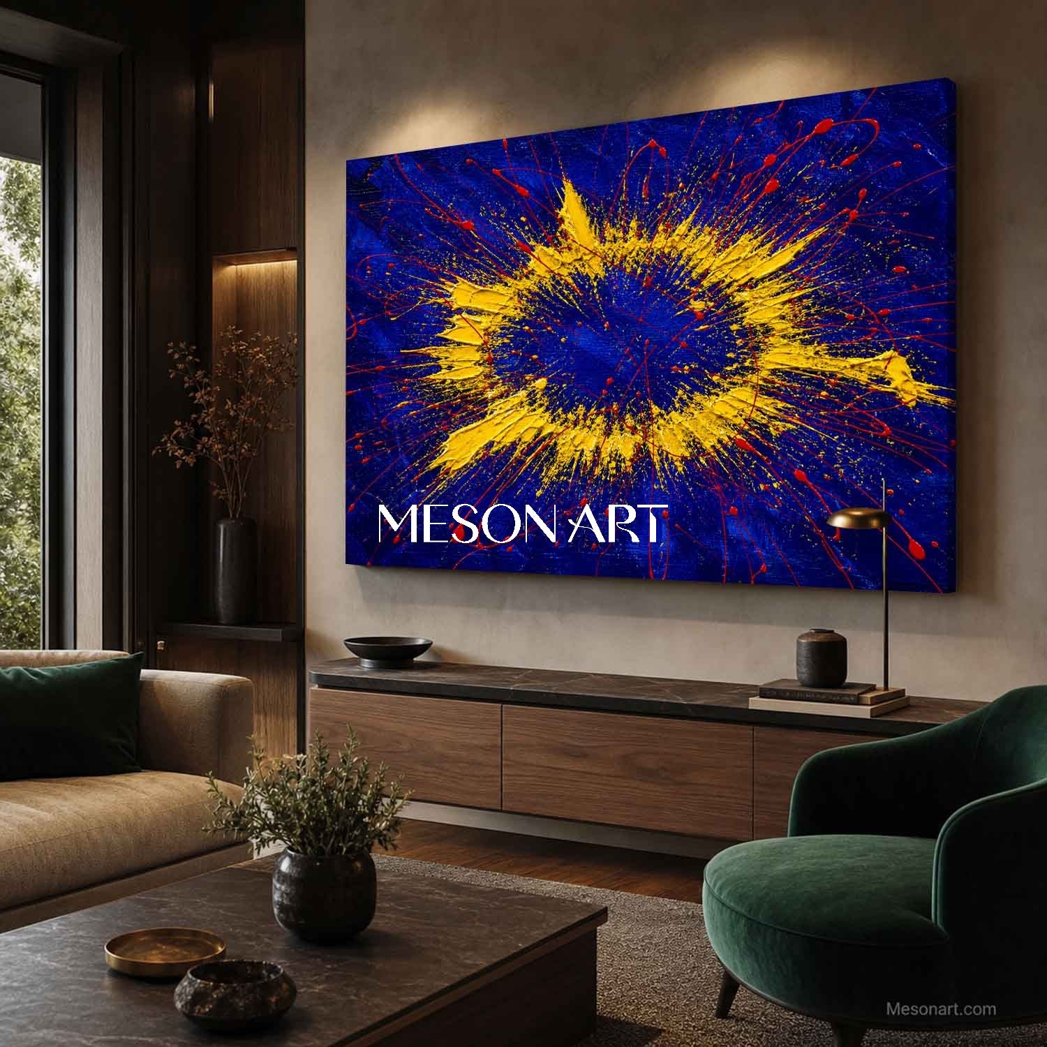 Blue Yellow Abstract Explosion Painting Original Art For Modern
