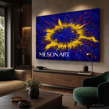 Blue Yellow Abstract Explosion Painting Original Art For Modern Living Room Entryway Decor