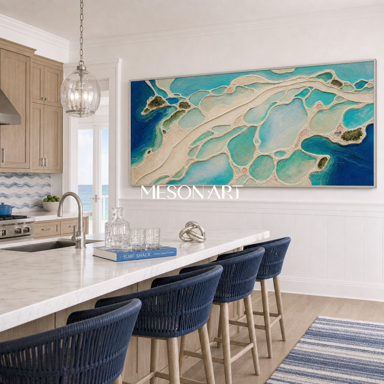 Abstract Coastal Lagoon Art With Fluid Textures For Modern Living Room Decor
