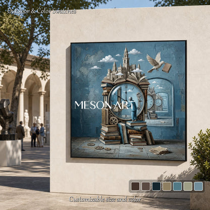 Surrealist Clock Painting With Books For Home Office And Study