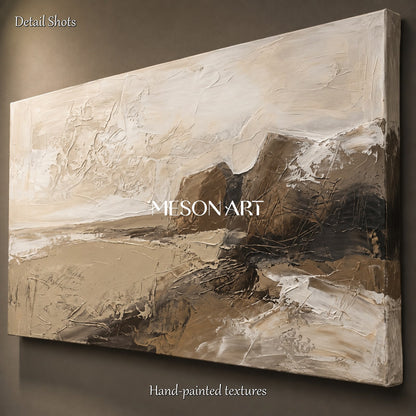 Beige And Brown Abstract Paintings For Wall Art Panoramic Framed Artwork By Mesonart