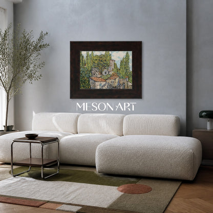 Dipinto a olio astratto di paesaggio con tonalità di verde e blu per l'arredamento moderno della casa