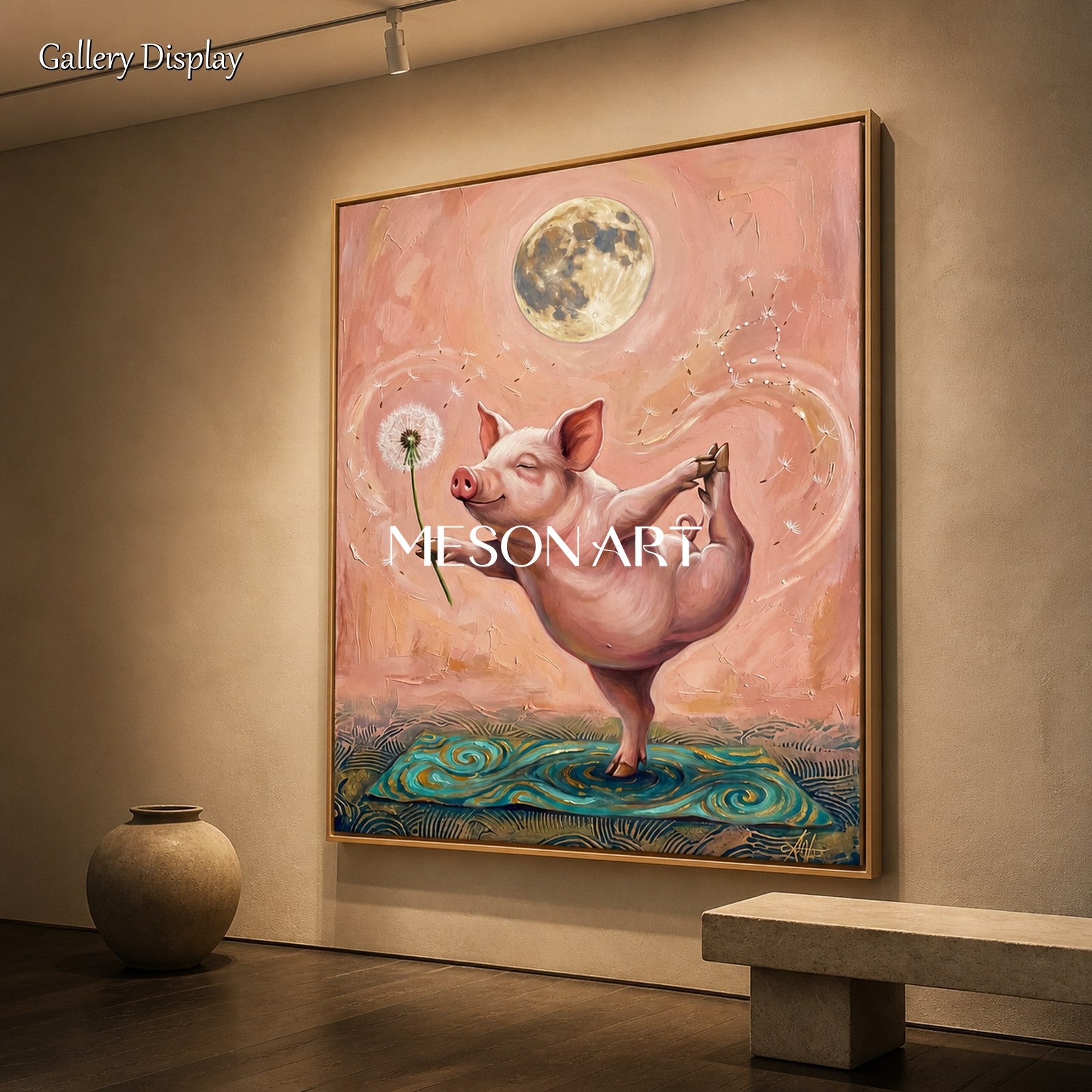 Pink Surrealist Yoga Pig Original Art Rectangular Wall Decor For Living Room By Mesonart