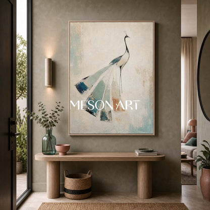 Elegant Peacock Abstract Painting In Beige And Teal For Art Deco Interior Design