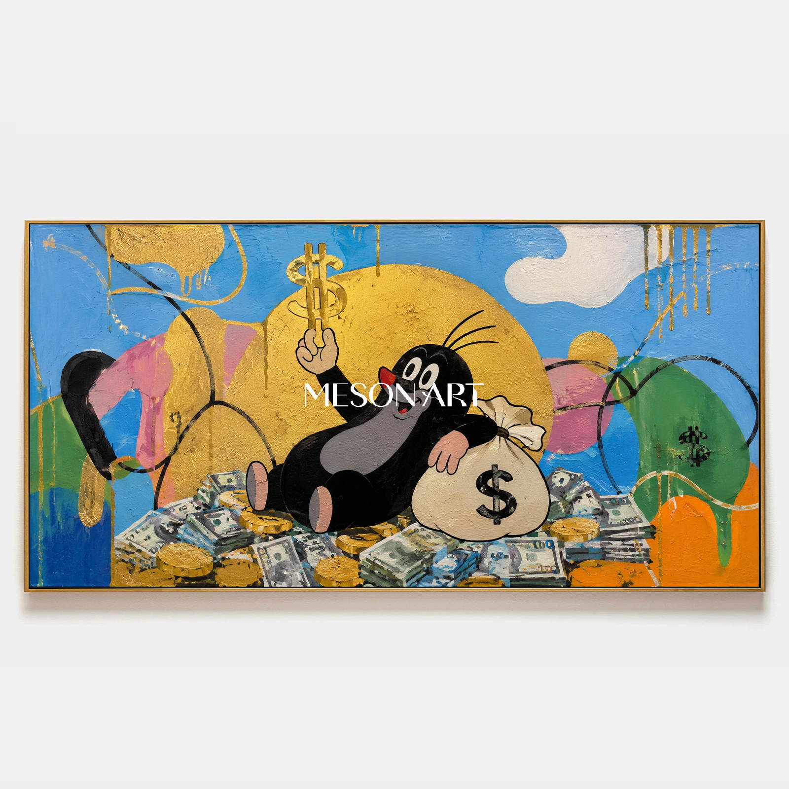 Golden Fortune Fable Pop Art Painting With Cartoon Character For Modern Living Room Decor