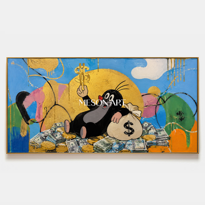 Golden Fortune Fable Pop Art Painting With Cartoon Character For Modern Living Room Decor