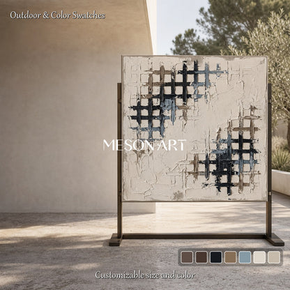 Minimalist Textured Abstract Art With Geometric Grid For Modern Living Room Decor