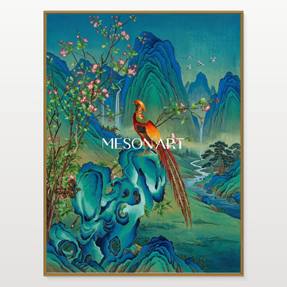 Blue And Green Gongbi Landscape Painting Rectangular Wall Art Bird And Blossom Original Artist By Mesonart