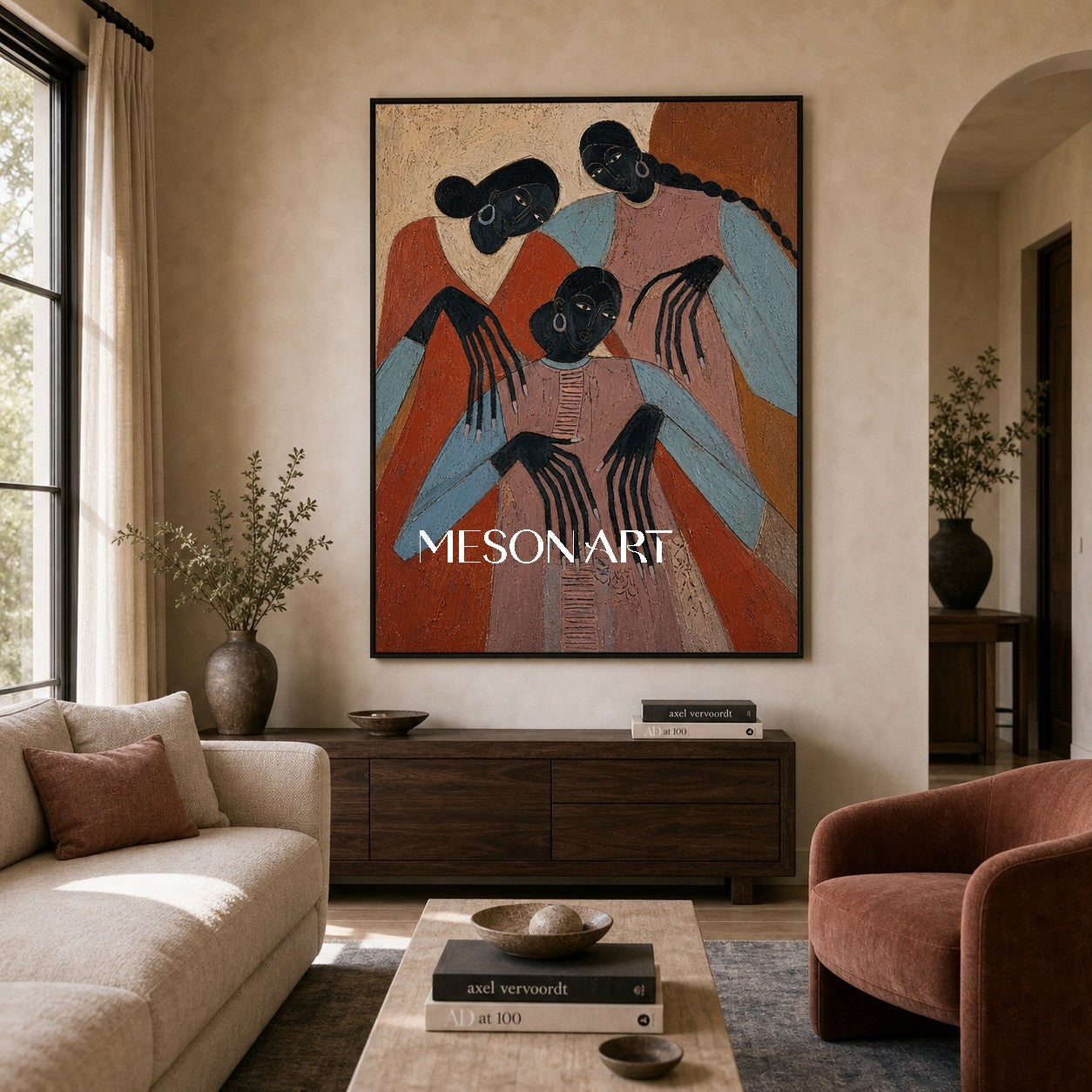 Original Expressionist Art Painting With Primitive Figures For Modern Living Room Decor