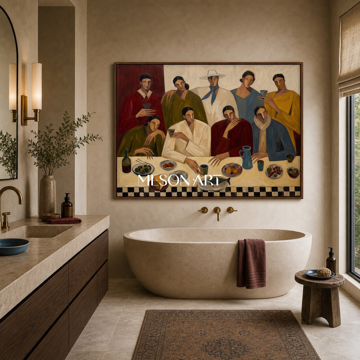 Modern Figurative Painting Of People Dining With Earthy Colors For Home