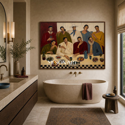 Modern Figurative Painting Of People Dining With Earthy Colors For Home