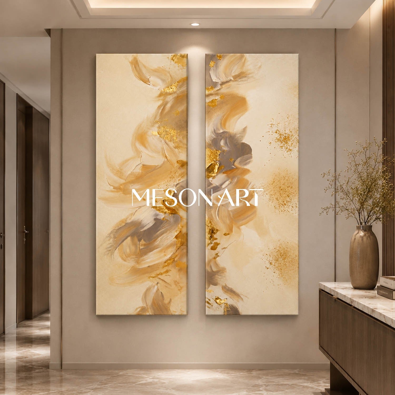 Luxury Gold Leaf Abstract Diptych Beige Textured Oil Painting For Living Room